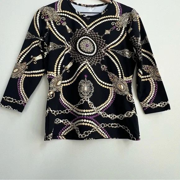 J. McLAUGHLIN Catalina Cloth Signature Tee 3/4 Sleeve Top Chain Jewels Small - Picture 4 of 11